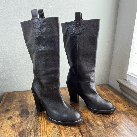 LUCCHESE dark brown Liliana round toe stacked high heel boots